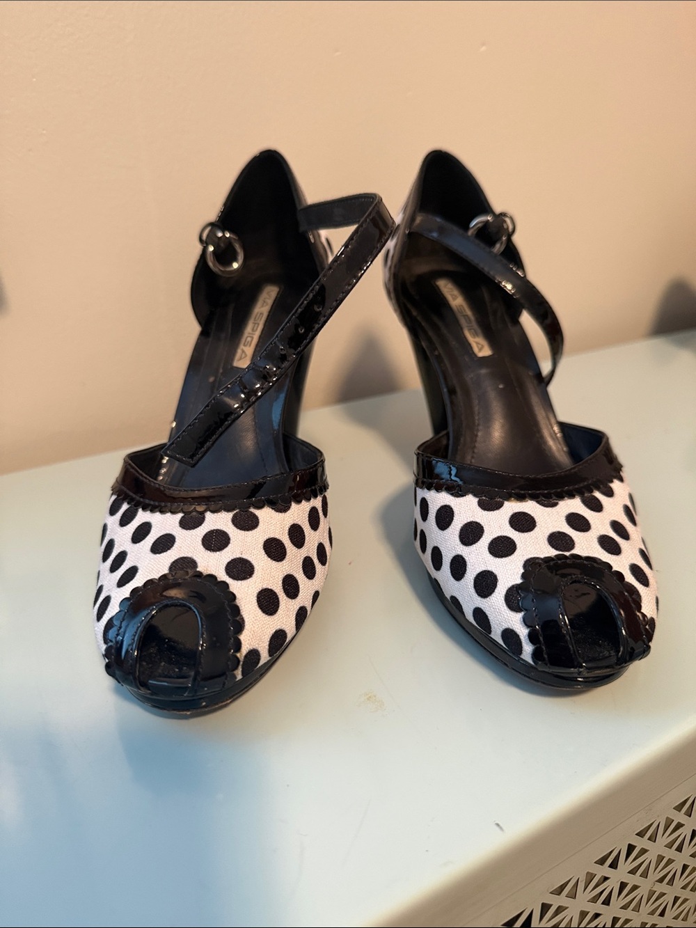 Via Spiga Black & White Polka Dot Peep-Toe Slingbacks